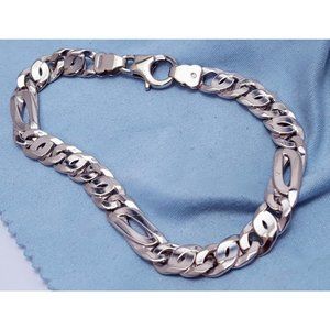 Unique 10K Karat Solid White Gold Custom Design Figaro Link Bracelet Italy Made